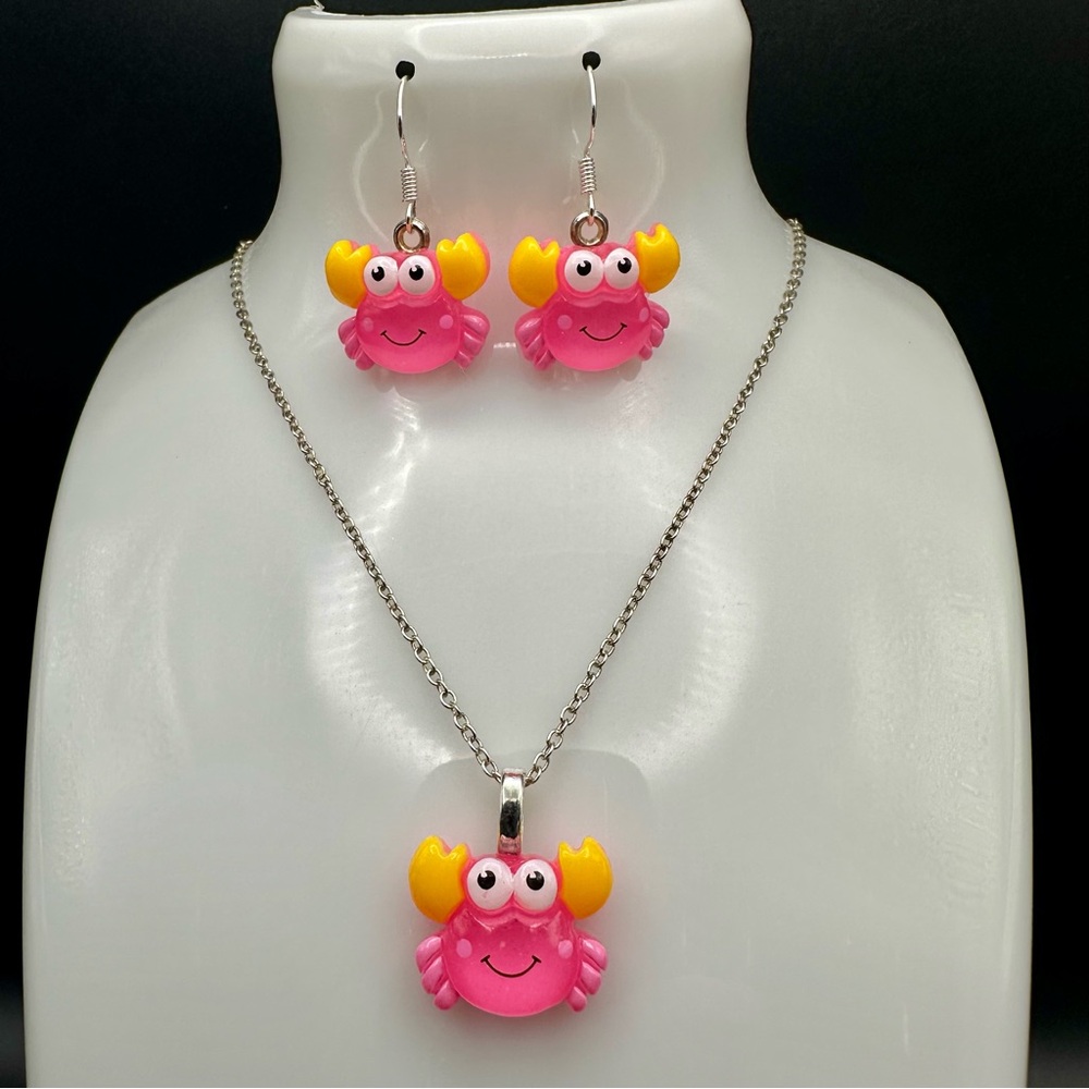 Cute Pink and Yellow Glitter Crab Necklace and Earring Jewelry Set